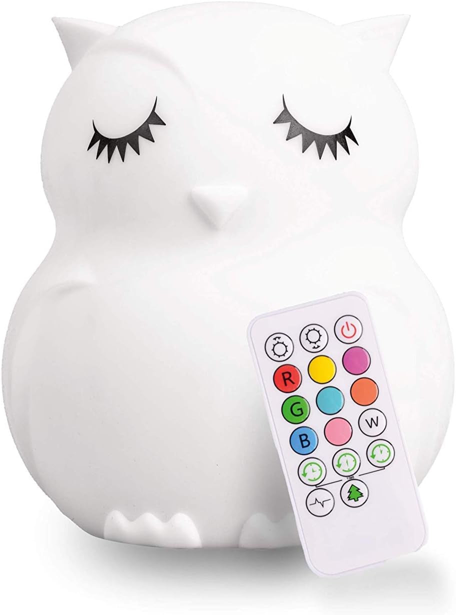 Remote Control Silicone Night Light for Kids - Owl Design with 9 Soft Colors & Sleep Timer - Rechargeable, Battery-Operated Lamp for Bedroom | Baby Nursery, Toddler, Girls, Boys